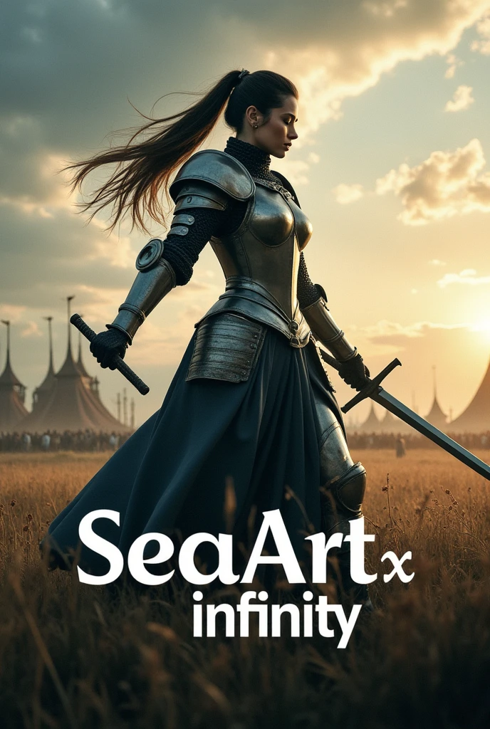 A movie poster depicting a female knight wielding a sword on a battlefield with the words "SeaArt x infinity" written in large letters in the center,