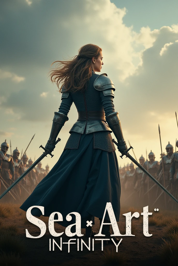 A movie poster depicting a female knight wielding a sword on a battlefield with the words "SeaArt x infinity" written in large letters in the center,