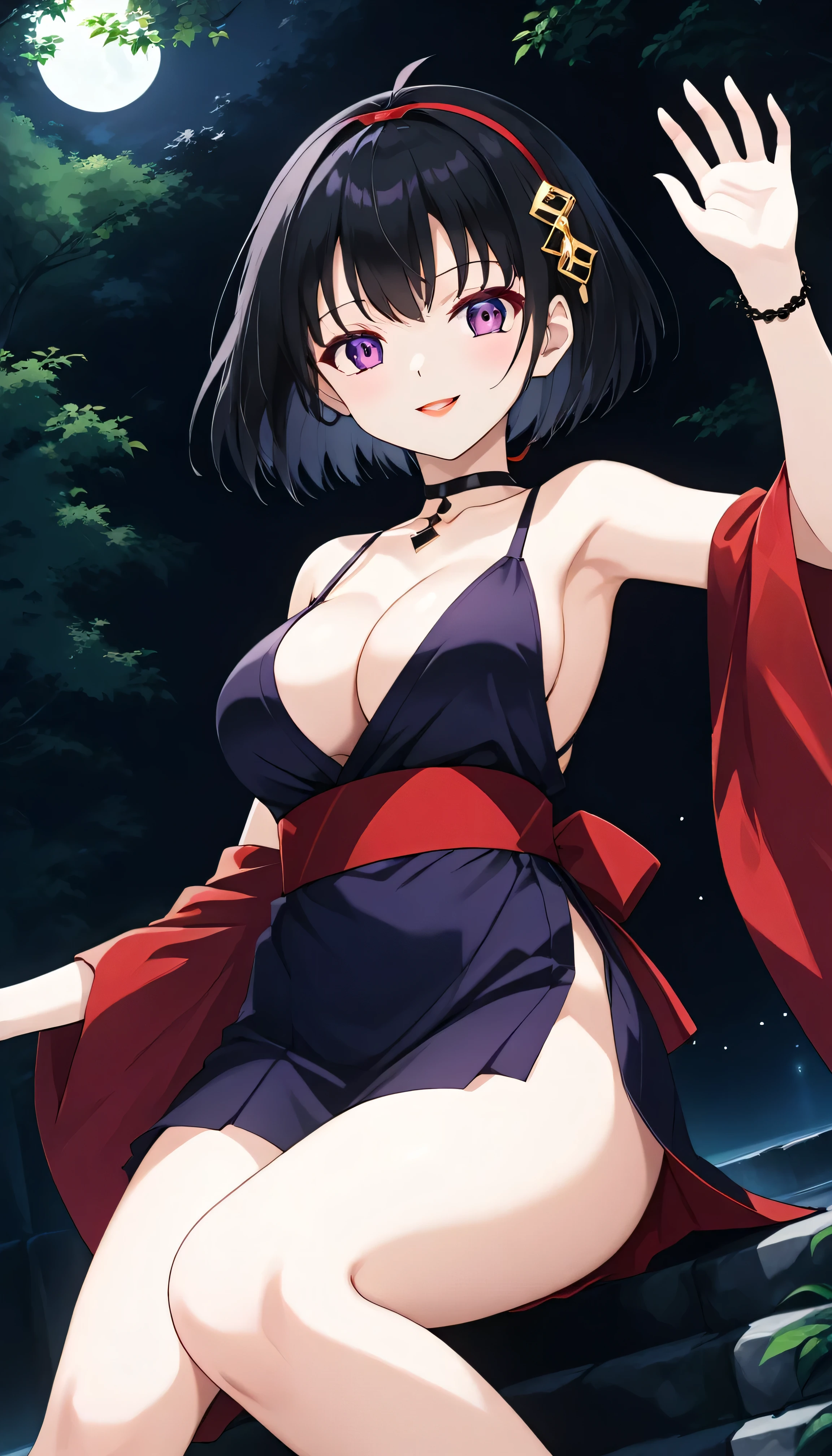 score_9, score_8_superior, score_7_superior, sauce_anime, Highest quality, masterpiece, evaluation_Explicit, No correction, break, SAKASAGAMINOYURA, One girl, Large Breasts, Cleavage, Black Hair, hair band, Bob_cut, Purple eyes, choker, No sleeve, Short kimono, Red lips, Outdoor, Leaning forward,two hands,Two legs,five fingers,evil background,, Wicked Smile, devilish aura (Shiny fabric:1.5),Dark world background,solo,feet,most evil Smirk,solo,most evil Smile,Shaded face (eyes in shadow),Shiny skin,oily skin,Sadistic smile,