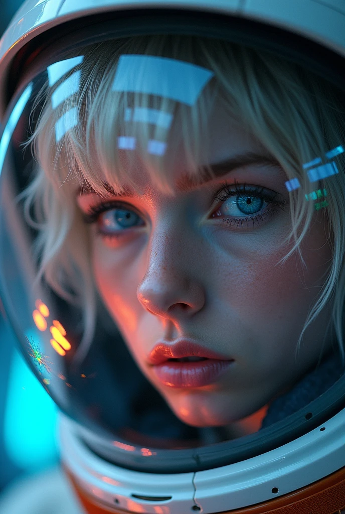 (Close-up of a better masterpiece:1.5)0.9], (Space and astronauts:1.2) (Messy silver hair:1.1) (Heterochromia xanthochromia and blue eyes:1.2) (Space Helmet:1.0) (Colored stars in the eyes:1.0) (A radiant glow:1.1) (thick lips:0.9)