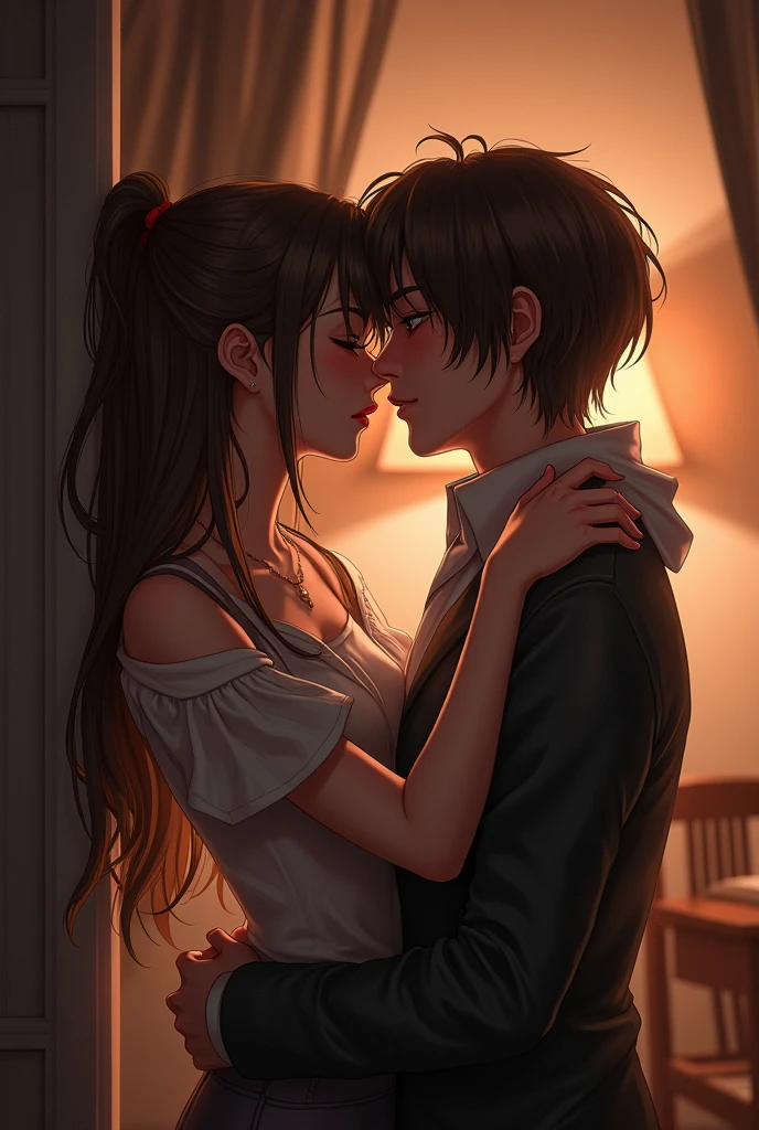 a girl with really short, dark brown hair. which is not longer than the beginning of her neck. she has a rebellious vibe. she’s kissing with a sweet boy, who has brown and very long hair. they are in love. she’s touching him. make it look very intimate