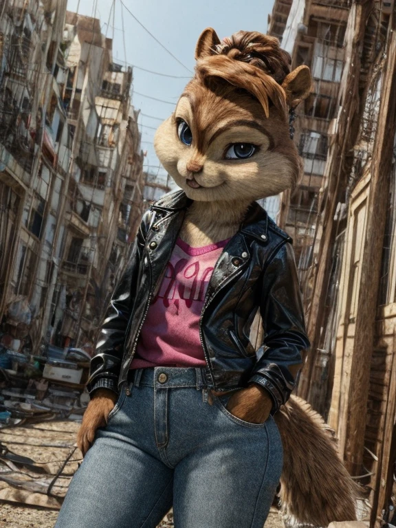 score_9, score_8_up, score_7, score_6, detailed background, brittany miller, chipmunk, furry, short ears, black leather jacket, jeans, light pink shirt, looking at viewer , 6 inches tall,