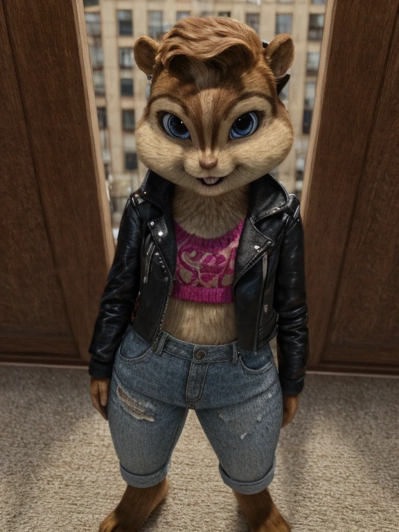 score_9, score_8_up, score_7, score_6, detailed background, brittany miller, chipmunk, furry, short ears, black leather jacket, jeans, light pink shirt, looking at viewer , 6 inches tall,