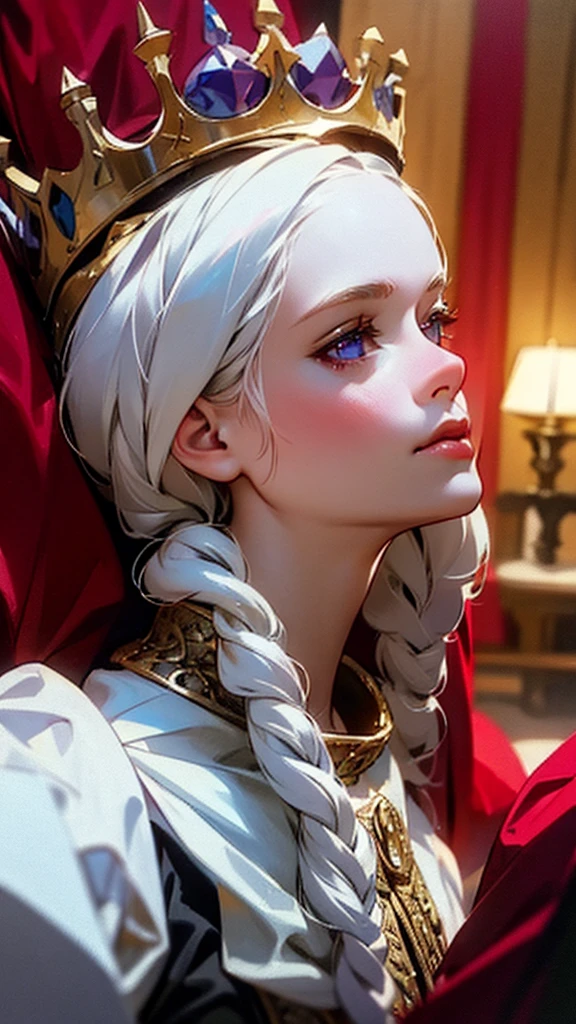 Portrait of one beautiful queen albino woman with detailed braided medieval hairstyle (white hair) , wearing detailed medieval gown ((red and black colours)), with gold accessories and gold crown, medieval queen, medieval woman,queen,game of thrones style,daenerys targaryen style, high quality, very detailed,hd quality, masterpiece,(purple eye colour)