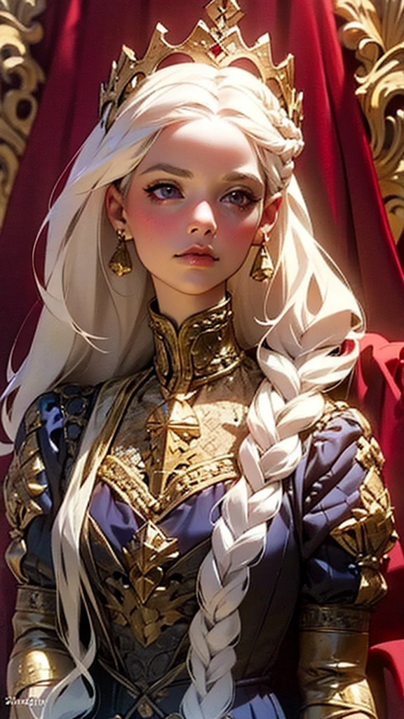 Portrait of one beautiful queen albino woman with detailed braided medieval hairstyle (white hair) , wearing detailed medieval gown ((red and black colours)), with gold accessories and gold crown, medieval queen, medieval woman,queen,game of thrones style,daenerys targaryen style, high quality, very detailed,hd quality, masterpiece,(purple eye colour)