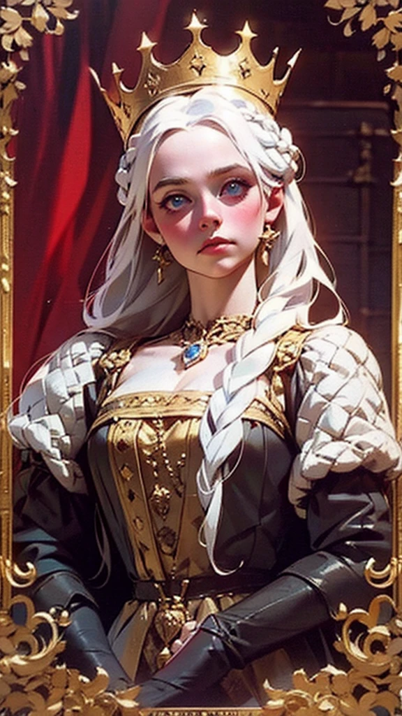 Portrait of one beautiful queen albino woman with detailed braided medieval hairstyle (white hair) , wearing detailed medieval gown ((red and black colours)), with gold accessories and gold crown, medieval queen, medieval woman,queen,game of thrones style,daenerys targaryen style, high quality, very detailed,hd quality, masterpiece,(purple eye colour)