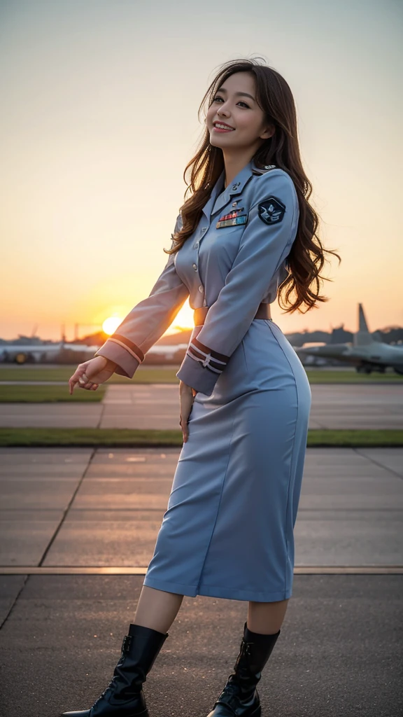 (highest quality, 8K, 32k, masterpiece, uhd:1.2), (realistic:1.5), (masterpiece, Highly detailed CG Unity 8K wallpaper, highest quality, High resolution:1.2), (Super detailed, uhd:1.2), Photo of extremely cute and beautiful Japanese woman, (Long wavy chestnut hair:1.2), adult, (detailed beautiful girl:1.4), highest quality, woman, adult, (Detailed US Air Force Pilot Uniform:1.5), (High waist pencil micro skirt:1.0), (Beautiful sunset us air force base runway view background:1.2), (mig 29、F-22、air force plane)laugh shyly:1, looking at the sky, towards the audience, ((Perfect woman&#sexy body)), (tight waist:1.40), (Image of the whole body), thin, abs, beautiful body, big ass and big breast, (big breasts:4.25)(big ass 4.55),assemble the head, wind, dynamic pose, cinematic light, Backlight, fine clothes, perfect anatomy, perfect proportions, detailed human body, Stylish model in sexy bent over One of her hands was holding her hair, pose,nude nsfw,soft expression、smile、Sexy slit thighs and beautiful legs、A sneak peek of abs、A glimpse of her no underwear , underwear is on, Sexy style , sexy pose, sexy body, upper body,