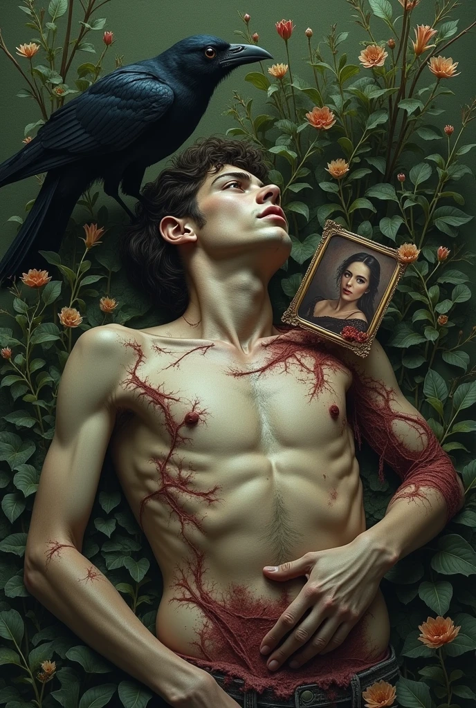 A dead boy with cloths on lying on garden half rotten body but his eyes are as it is and looking at his lovers photo and crow eating his body generate it in more realistic painting way in side view and only half body visible