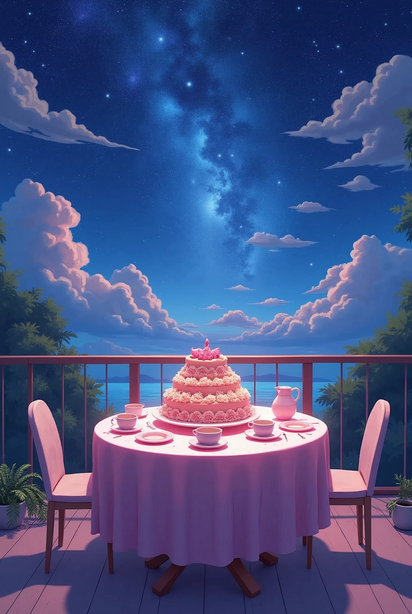 background　Party　Dreamy　　Night Sky　Anime Pop　table cloth　cake　Tea party