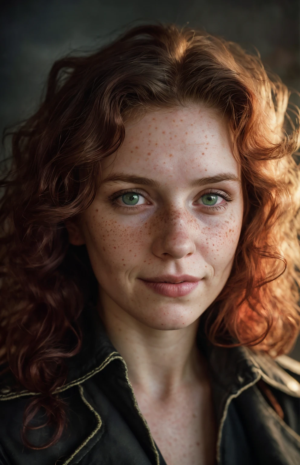 (close-up, editorial photograph of a 21 year old woman), (highly detailed face:1.4) (smile:0.7) (background inside dark, moody, private study:1.3) POV, by lee jeffries, nikon d850, film stock photograph ,4 kodak portra 400 ,camera f1.6 lens ,rich colors, hyper realistic ,lifelike texture, dramatic lighting , cinestill 800, wavy hair, messy hair, curls, Mischievous smirk, red hair, green eyes, freckles, white skin, black old west clothes, Gunslinger old west Black jacket, european woman, european skin, european expression, Athletic, masterpiece, western, Astral Plane
