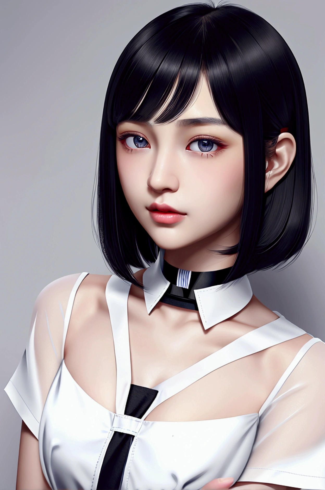 neat girl is beautiful japanese female and beautiful russian female mixed race only in the face age is 17 features of the whole body black hair medium straight bob cut hair style beautiful small face with short eyelashes boyish eyes only high nose dark blue pupils very thin upper lip milky white skin accurate attractive body shape beautiful bust waist hip s thighs knees legs choker and tie on neck shirt with collar