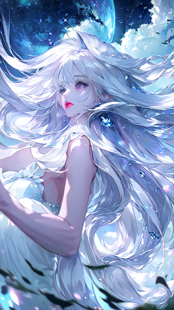 masterpiece, Highest quality, Movie stills, sit、meditation、Floating in the sky, cloud girl, cloud, (close:1.1), , Soft lighting, Volumetric lighting, Sparkling, Sparkling, Swirl, Abstract, Expressive、Long Hair, White Hair、Close ~ eyes、Lens flare, moonlight,Sparkling、Chakra