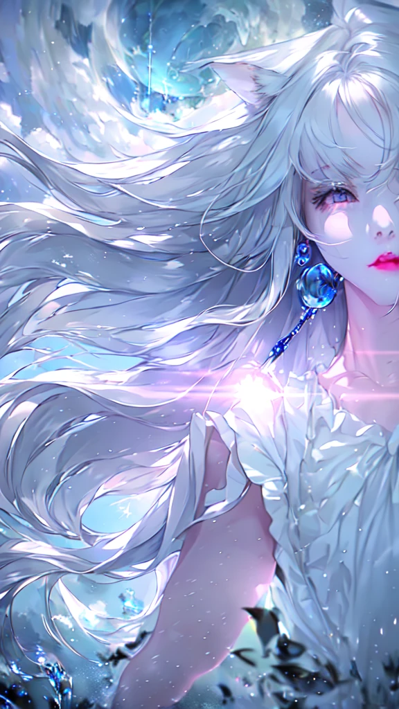 masterpiece, Highest quality, Movie stills, sit、meditation、Floating in the sky, cloud girl, cloud, (close:1.1), , Soft lighting, Volumetric lighting, Sparkling, Sparkling, Swirl, Abstract, Expressive、Long Hair, White Hair、Close ~ eyes、Lens flare, moonlight,Sparkling、Chakra