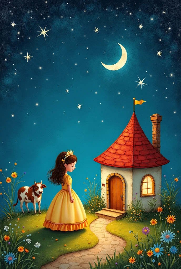 A little princess girl, dog, cow and a fantasy house built of love poems naive drawing art deco artwork, night sky with stars and crescent moon, idyllic night scenes, in the style of amanda clark, mandy disher, charming, glittery and shiny, alma woodsey thomas, konica big mini, the stars art group (xing xing) in style of whimsical naive art, nostalgic atmosphere