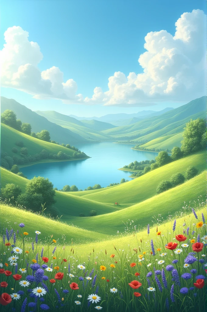 "A beautiful, serene landscape with rolling hills, wildflowers, and a peaceful lake"