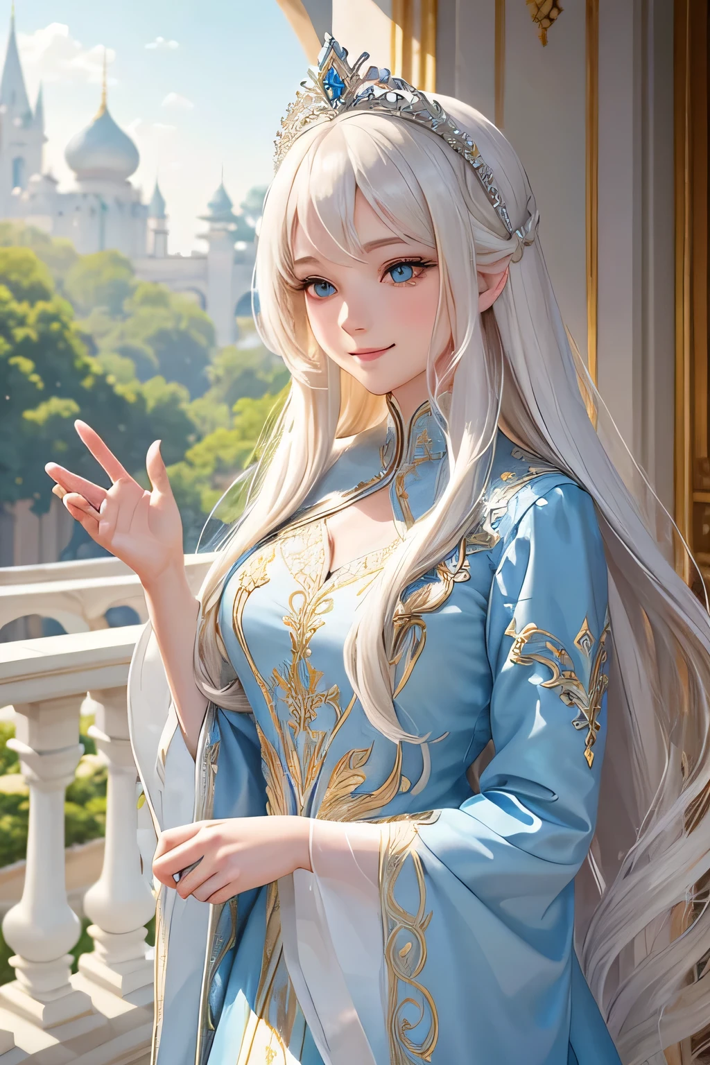 A beautiful white princess with long blonde hair, wearing a flowing blue gown with intricate silver embroidery, stands on a grand palace balcony. She smiles warmly and waves to the cheering crowd below. The sunlight shines brightly, reflecting off her golden hair and the silver details of her gown. Behind her, the palace's elegant architecture and lush gardens are visible,(((Upper body)))