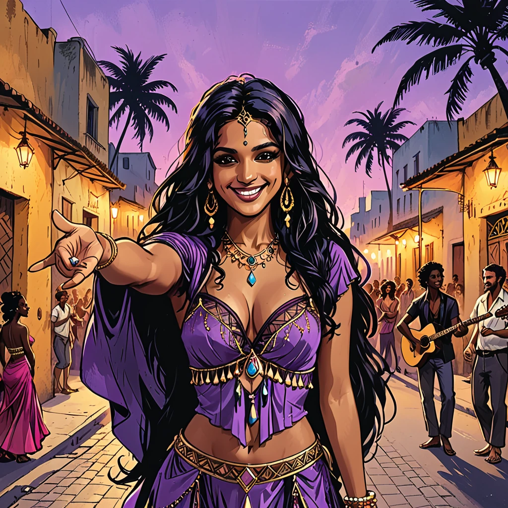 city square, smile,
(((portrait of a gypsy woman extending her hand to the observer with a smile, a gypsy woman extending her hand in front of herself,)))(gypsy dancing,black long Waves hair, black eyes, Fleshy nose, Thin nude Lips, dark makeup,(jewelry), ((tiara)), ((dark violet hood)), wearing intricate violet clothes, shawl, dark skin, mole under eye, gypsy dress, ) stage, a high stage on the street on which a gypsy dances and a music band plays, street, people looking at the stage, tropical street, palm trees, musician with a guitar, musician on drums, graphic style of novel comics, 2d, 8k, hyperrealism, masterpiece, high resolution, best quality, ultra-detailed, super realistic, Hyperrealistic art, high-quality, ultra high res, highest detailed, lot of details, Extremely high-resolution details, incredibly lifelike, colourful, soft cinematic light,