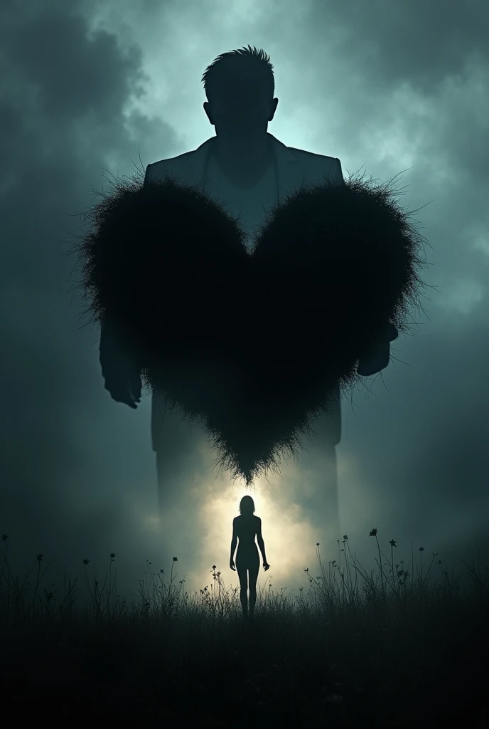 Create a book cover with a black heart with the shadow of a man and a cloudy background with a flash of light with the silhouette of a woman