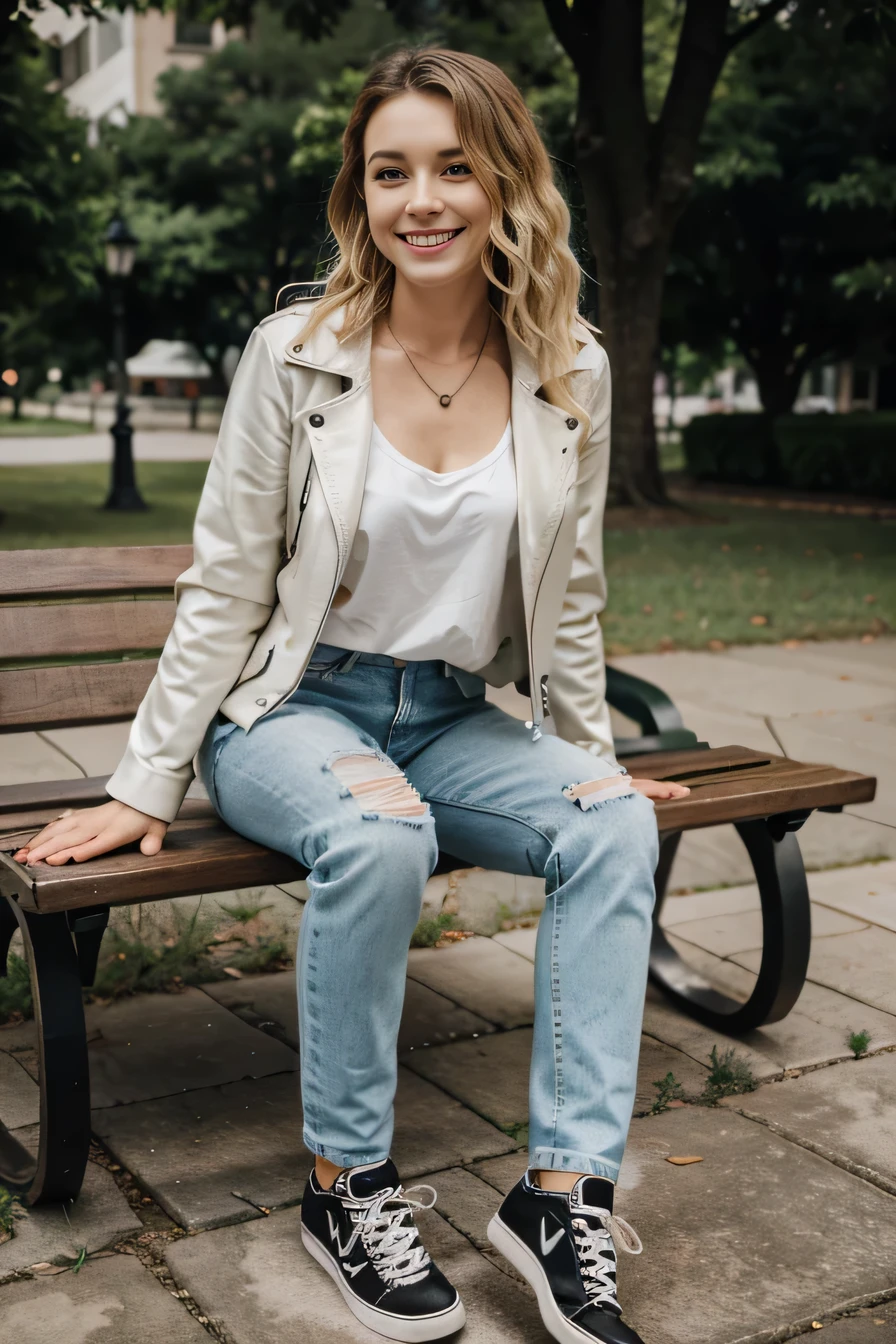 High resolution, 8k wallpaper, Beautiful Caucasian Woman、Full body photo、,Leather jacket sitting on a park bench、shirt、Skinny jeans、sneakers、、Necklace around the neck、 blonde 、short hair、Wavy Hair、ear piercing、smile、Beautiful teeth alignment、