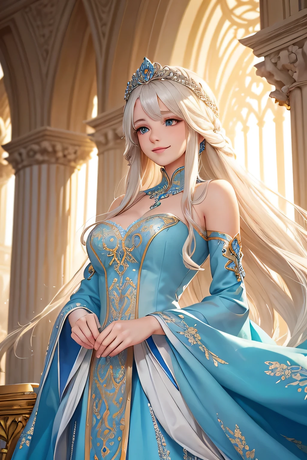 A beautiful white princess with long blonde hair, wearing a flowing blue gown with intricate silver embroidery, stands on a grand palace balcony. She smiles warmly and waves to the cheering crowd below. The sunlight shines brightly, reflecting off her golden hair and the silver details of her gown. Behind her, the palace's elegant architecture and lush gardens are visible,(((Upper body)))