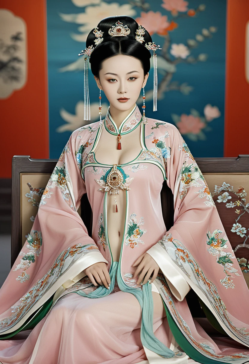 The Qing Dynasty Empress is naked, spreading one's legs open wide with knees bent,creating the shape of the letter M Chinese empress in the Chinese palace wearing a crown and her hair tied up. The background is the stone paving outside the Qing Dynasty.