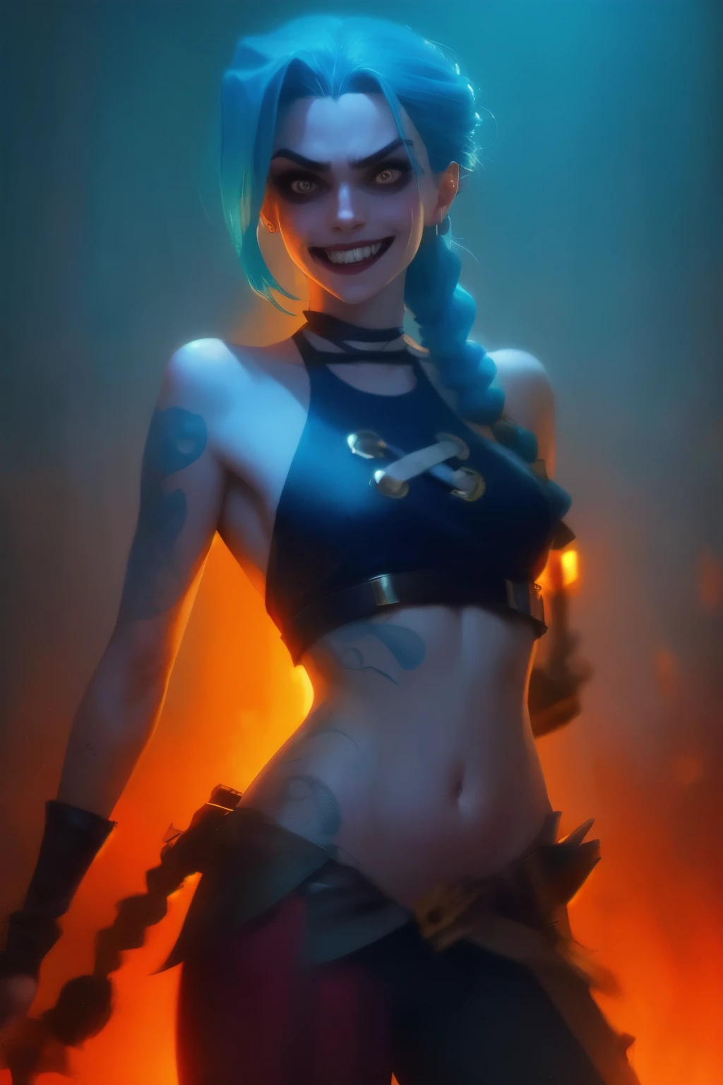 Hyper realistic super detailed Jinx cosplay , ((Young girl, 15 years old)), Very detailed, (hyper realistic: 1.4), in dynamic pose, (((psycho face, creppy smiling))), twin braids, long hair, blue hair, red eyes, tattooed, ((skinny Body)), ((angry face)), arcane style. ((Cinematic Explosion background,  cinematic lighting)).