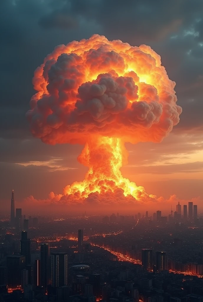 nuclear mushroom cloud is visible from very far away in city, the explosion happened hours ago