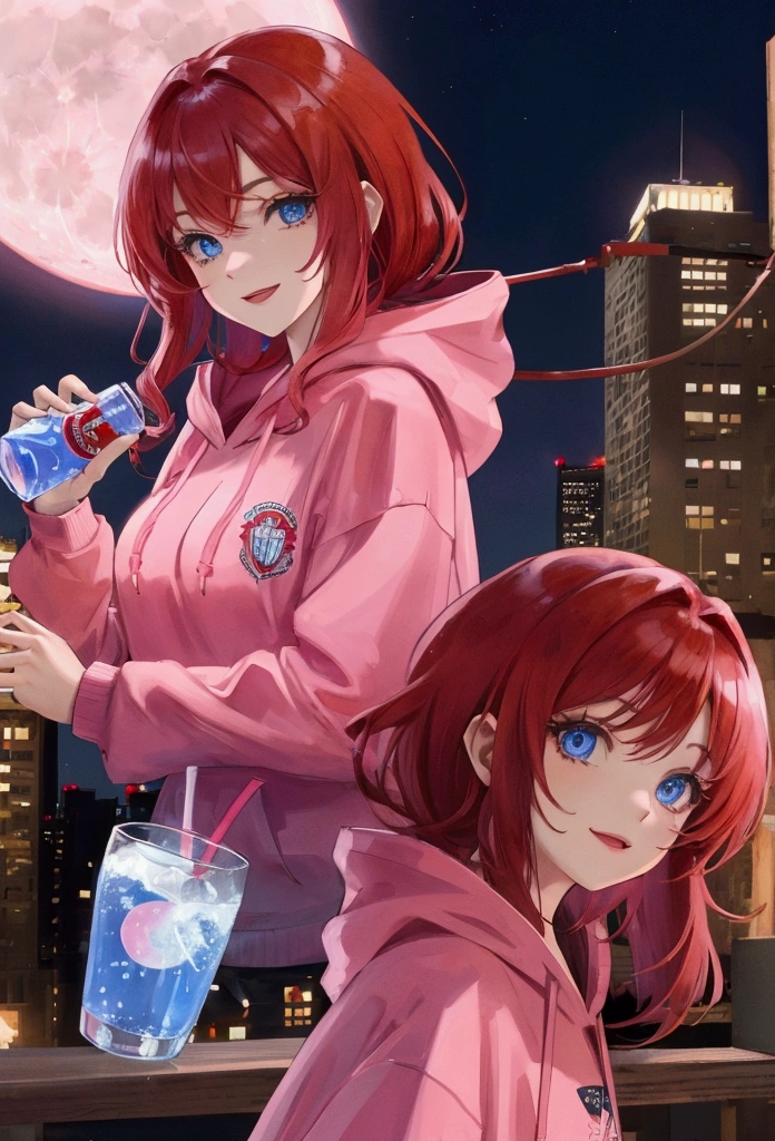 Red hair girl, smiling, blue eyes, pink hoodie, drink soda, night, city, moon light