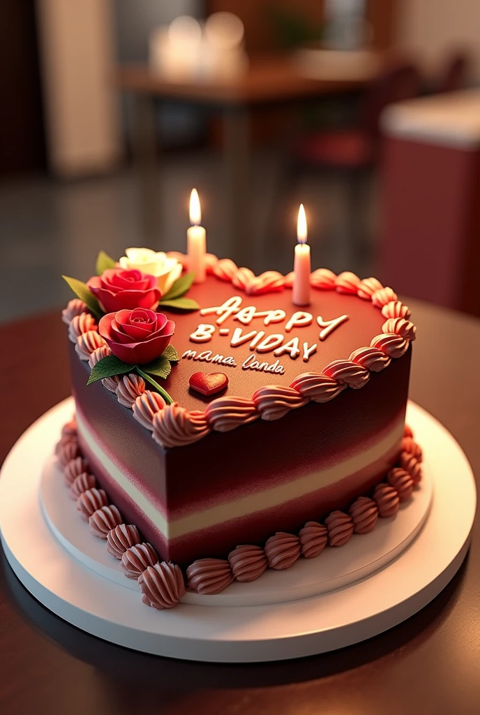 A stunning, high-resolution 3D render of a heart-shaped cake, masterfully blending dark brown and cream tones. The cake is intricately adorned with delicate red andwhite roses, enhancing its refined elegance. The vibrant colors and skillfully designed typography spell out "HAPPY B-DAY mama landa" adding a personal and heartfelt touch. The modern, fashionable background showcases a sleek and sophisticated setting, making it the perfect backdrop for a chic and stylish birthday celebration., 3d render, photo, illustration, vibrant, fashionLess