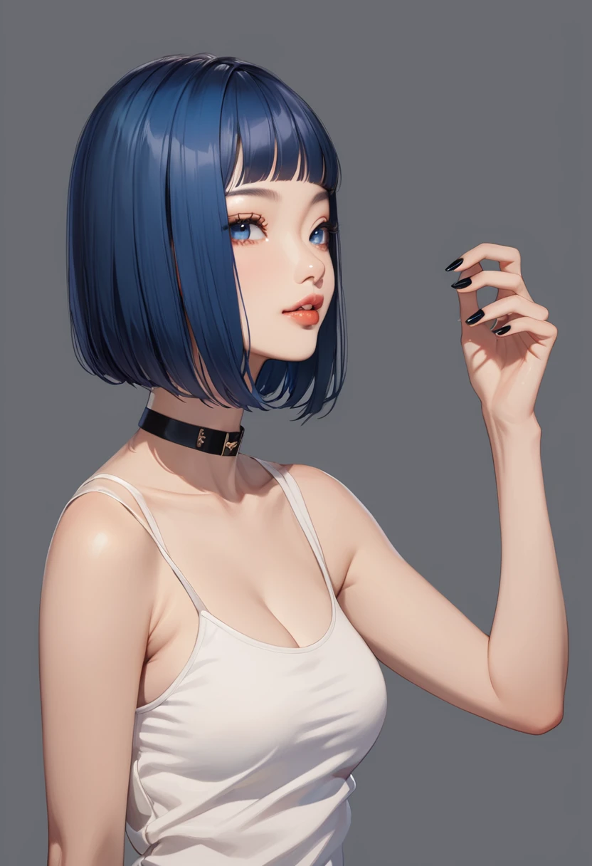 1girl, bangs, asian girl, bare shoulders, black choker, blue hair, black nails, blue eyes, blue hair, bob cut, breasts, choker, cleavage, collarbone, grey background, lips, medium breasts, nail polish, parted lips, short hair, smile, solo, tank top, upper body, white tank top