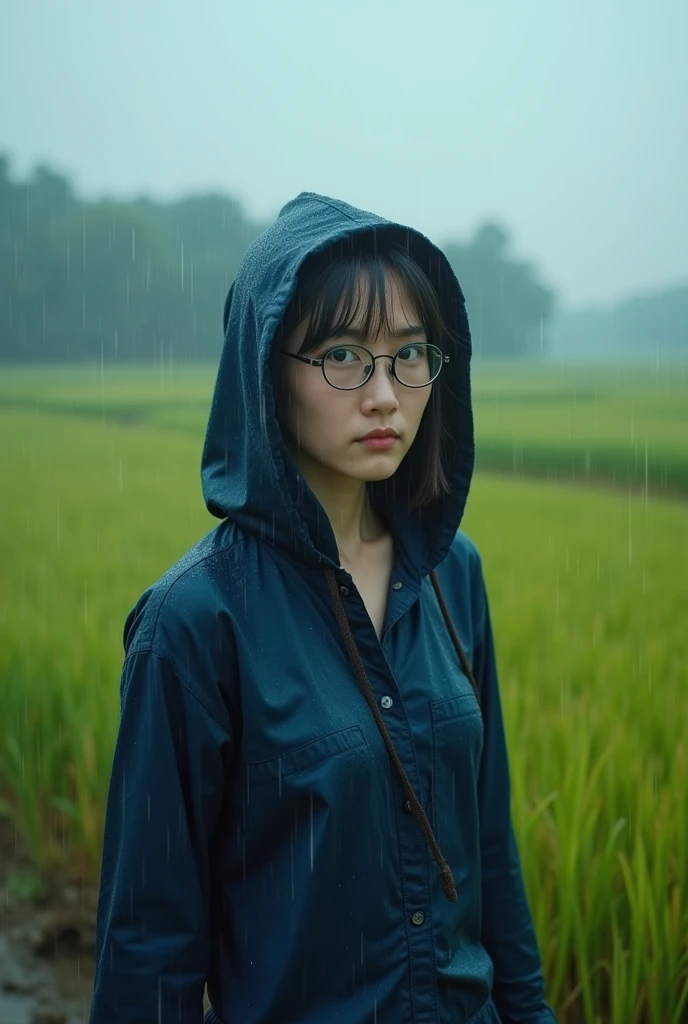 (photorealistic) realistic image of a (Asian woman), (slim build), (short hair), (white skin), (dark eyes), wearing a shirt in navy blue hoodle, walking in heavy rain with a (serious face), (wearing glasses), capturing a (Kodak color film look), featuring a (grainy texture), surrounded by a picturesque (wide rice field) under dramatic weather, atmospheric, vivid colors, natural lighting, emotionally charged ambiance.
