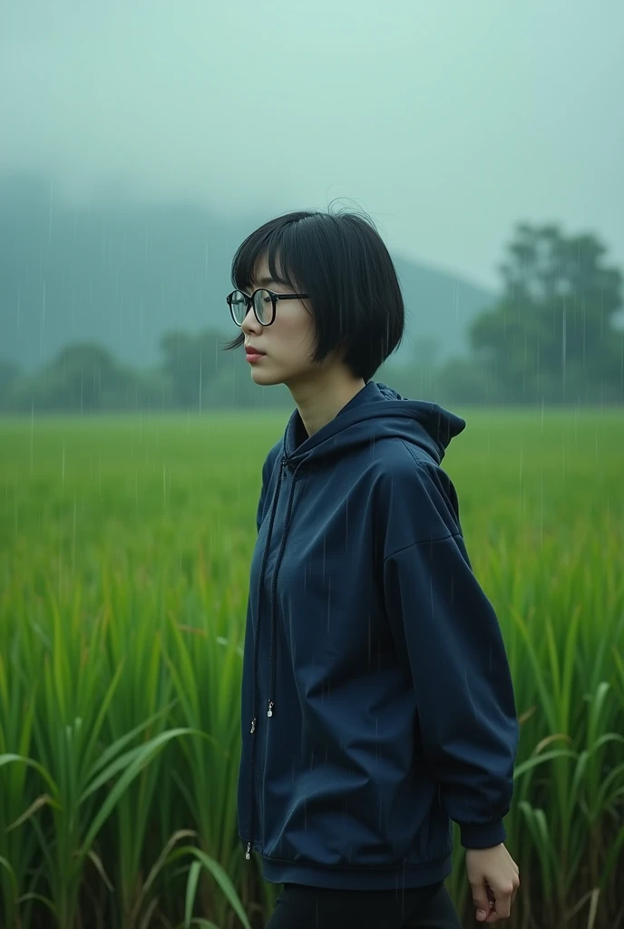 (photorealistic) realistic image of a (Asian woman), (slim build), (short hair), (white skin), (dark eyes), wearing a shirt in navy blue hoodle, walking in heavy rain with a (serious face), (wearing glasses), capturing a (Kodak color film look), featuring a (grainy texture), surrounded by a picturesque (wide rice field) under dramatic weather, atmospheric, vivid colors, natural lighting, emotionally charged ambiance.