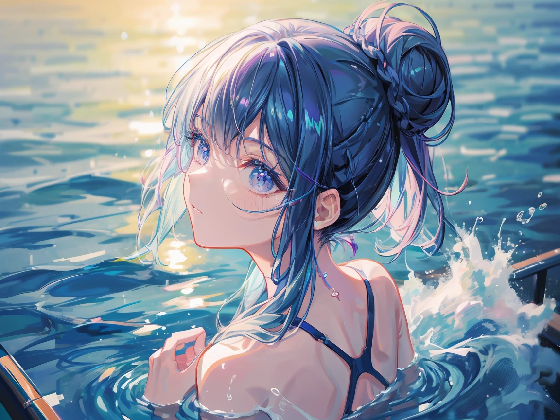 blue hair, hair bun, Impressionism, ray tracing, backlighting, masterpiece, accurate, textured skin, high details, high quality, highres, super detail, 1080P, detailed face, detailed eyes, detailed 5 fingers, Woman swimming in pool, one-piece swimsuit, Splashing water, outdoors, sunny midsummer