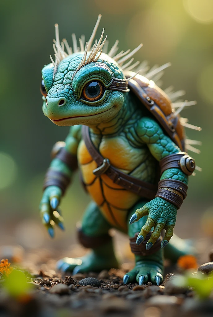 Meta tested - Generate a detailed image of a fantastical creature, resembling a hybrid of a Turtle Ninja Warrior, with a translucent body. Place this creature in a miniature world, The overall atmosphere should be dreamy and magical, with a bokeh background that emphasizes the tiny, enchanting details of the creature and its surroundings. The style should combine elements of hyper-realism and fantasy, capturing the delicate textures and vibrant colors with stunning clarity