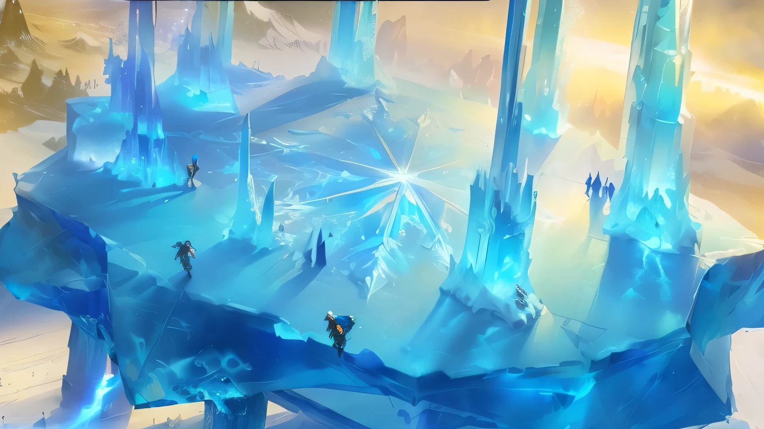 there are many people walking around a blue ice sculpture, winter concept art, pillars of ice background, concept art magical highlight, league of legends concept art, epic concept art, concept art scene, painterly concept art, riot games concept art, blizzard concept art, concept art stunning atmosphere, sergey kolesov concept art, ❄️ corruption conceptart, blizzard game concept art