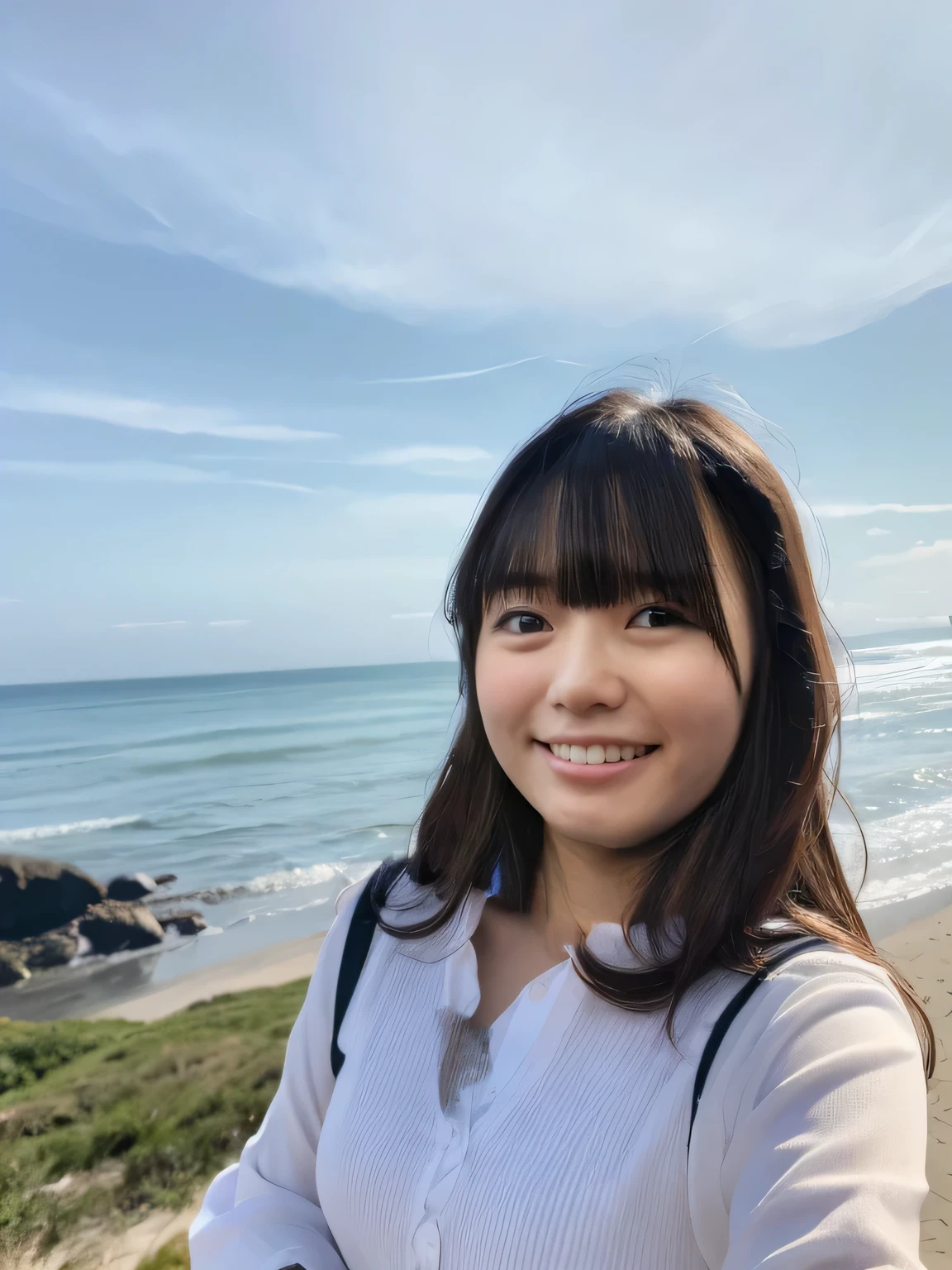 Highest quality,Super detailed,A woman looking at the camera on the beach at Enoshima,Long sleeve white blouse,Blouses with ruffles,Posing for a photo,She is carrying a cute beige backpack.,Distant scenery is blurry