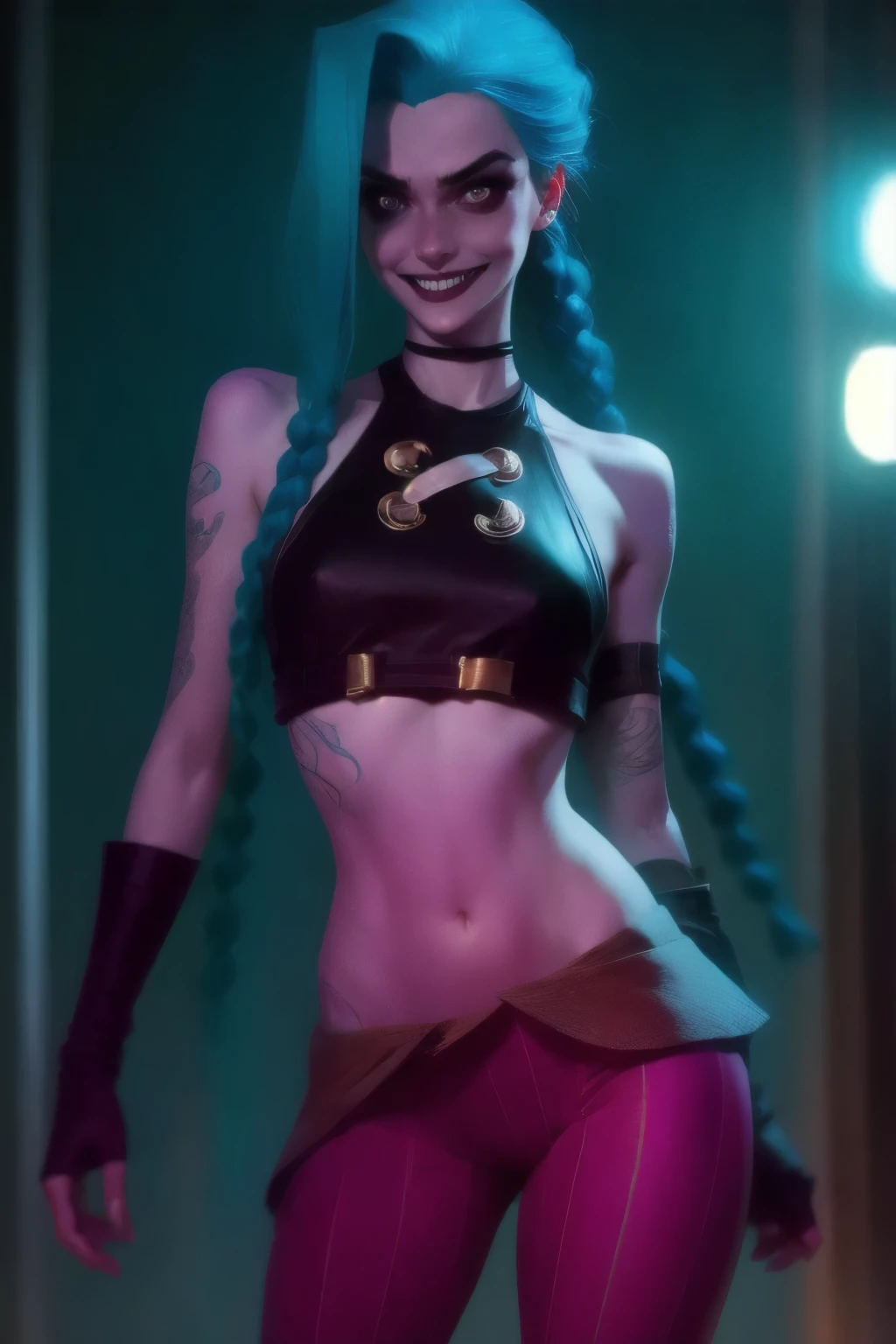 Hyper realistic super detailed Jinx cosplay , ((Young girl, )), Very detailed, (hyper realistic: 1.4), in dynamic pose, (((psycho face, creppy smiling))), twin braids, long hair, blue hair, red eyes, tattooed, ((skinny Body)), ((angry face)), arcane style. ((Cinematic Explosion background, cinematic lighting)).