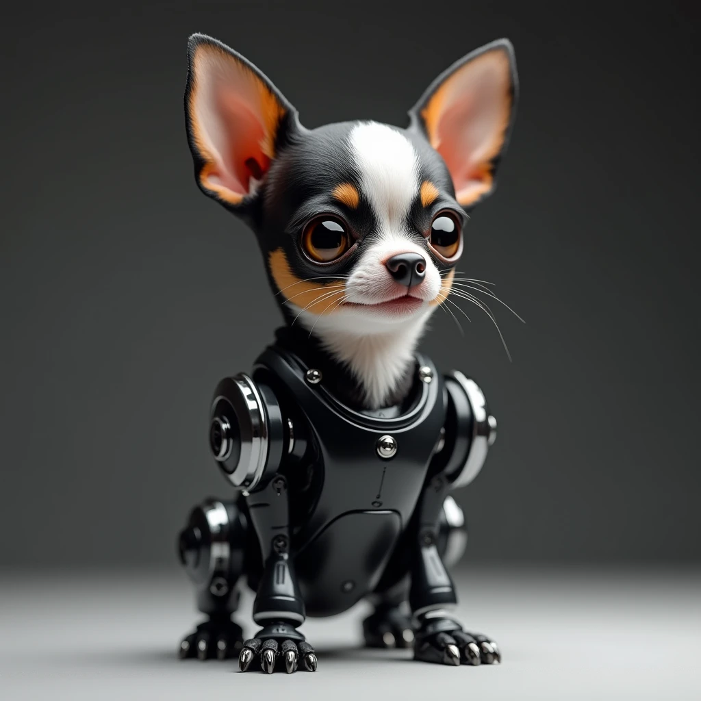 A full body close-up shot of a robotically enhanced Chihuahua, its adorable black and white head with big golden eyes and a sweet expression, perched atop a sleek black metallic body with silver accents with gleaming robotic legs but realistic black paws. The stark contrast between organic and synthetic features creates an intriguing visual dichotomy, inviting the viewer to ponder the intersection of technology and cuteness, retina, accurate, masterpiece, super detail, high details, best quality, award winning, highres, HD, 4K, 8k, 16k,