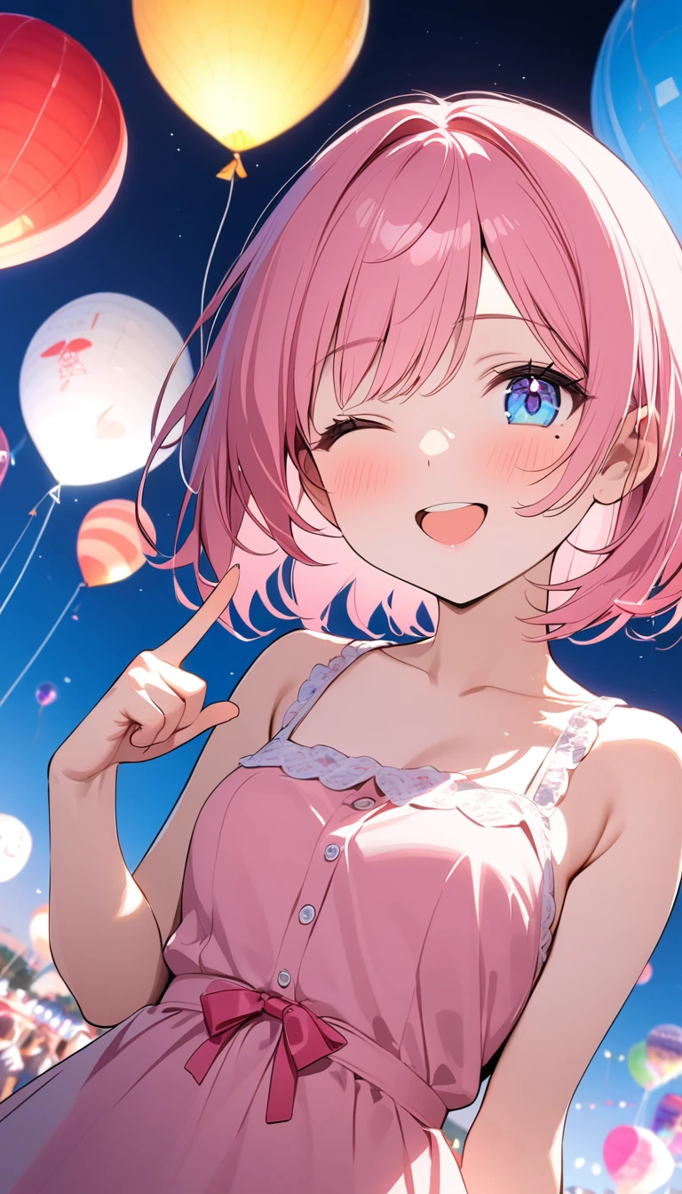 (1 girl),(Best Picture Quality, 8K, Masterpiece:1.3), (high school student:1.5), ((pink lob hair:1.1)), (bob cut),(swept bangs), (cute eyes, pupil black, iris skyblue, youthful face), (mole under right eye), (standard weight), (small breasts),(big hip), (glistening skin:1.1),(pale skin:1.2),(happy:1.3),(one eye closed),BREAK,(pink sundress),(Albuquerque International Balloon Fiesta),(in the night),((pov)),(index finger raised),(Front Light).