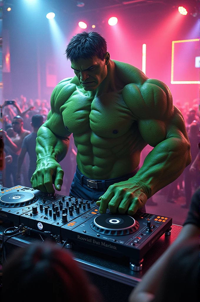 Hulk qui mixe sur des platines dj en boîte de nuit 