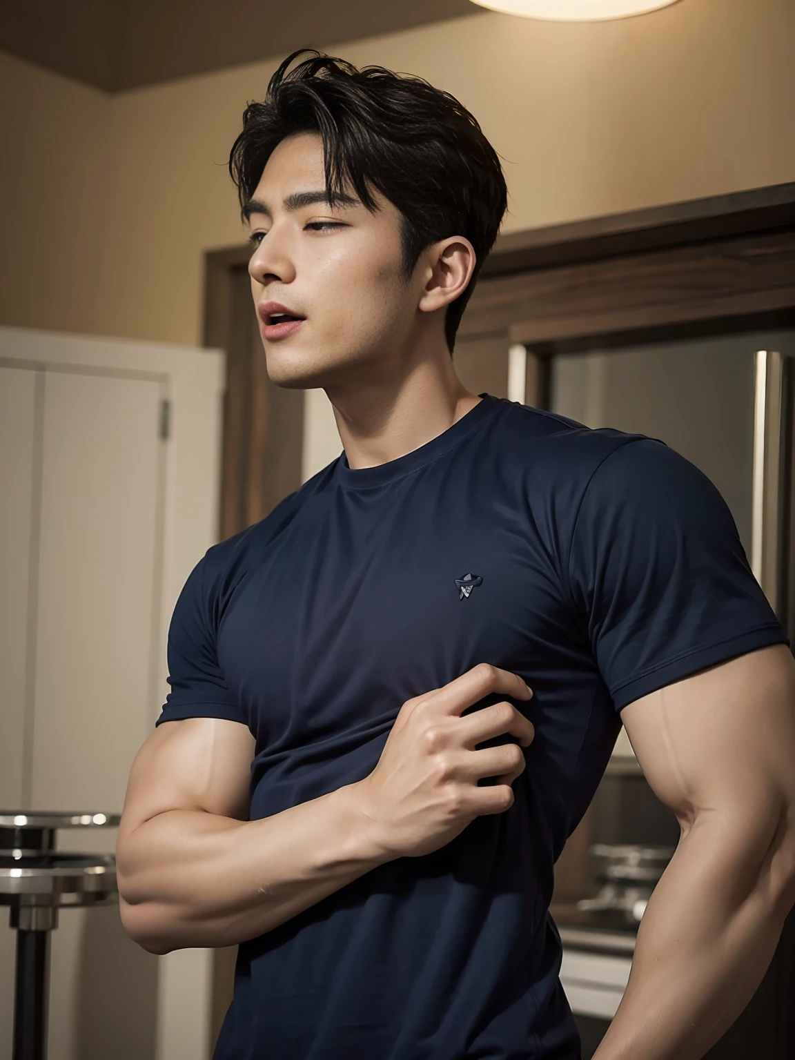 (Create a masterpiece: 1.2),(CGI art:1.3),(realistic:1.5),(After processing:1.3), (Sharp focus:1.3), 1 man, open mouth, smile, (Navy blue round neck t-shirt:1.3), Navy cargo pants, Korean guy , korean men, (High gloss details), chest muscles, large arm muscles, blood vessel, Big muscles, Broad shoulders, looking at the audience, Balancing the eyes, bedroom, Close your eyes.,(open mouth:1.1)