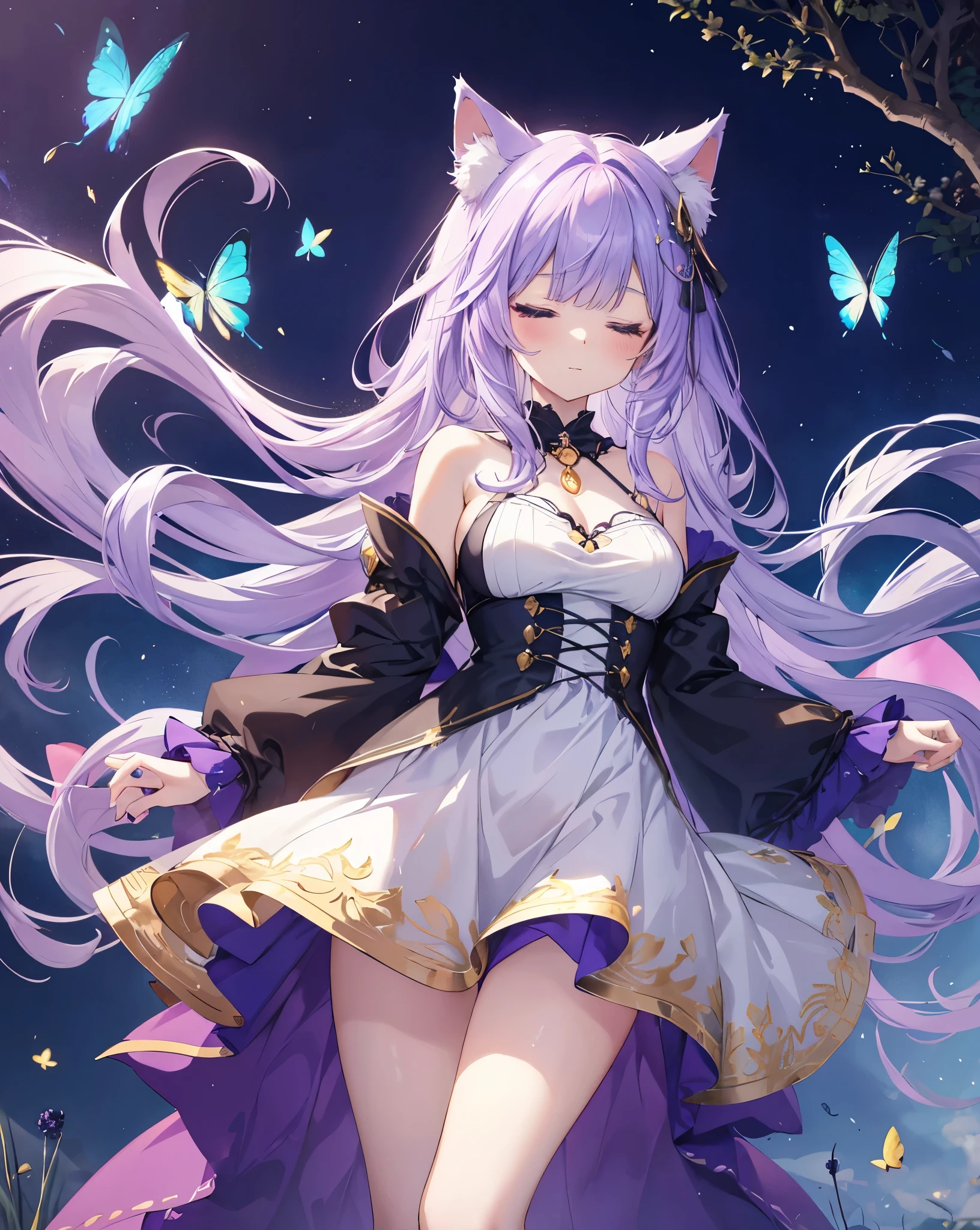 Anime-style of seraphina, the Dream Keeper. She is a cat girl with neko ears, with ethereal blue hair with golden highlights, reminiscent of twilight. Her eyes are closed. She wears a light, flowing lavender dress with golden star-like details. Her cat ears are purple with golden tips, and she has a crescent moon pendant around her neck. Seraphina is surrounded by rainbow glowing butterflies that follow her wherever she goes. The background is a dreamy, surreal scenery landscape with soft, pastel colors, evoking a sense of tranquility and magic. Bare shoulders. Cute face, she is sleeping