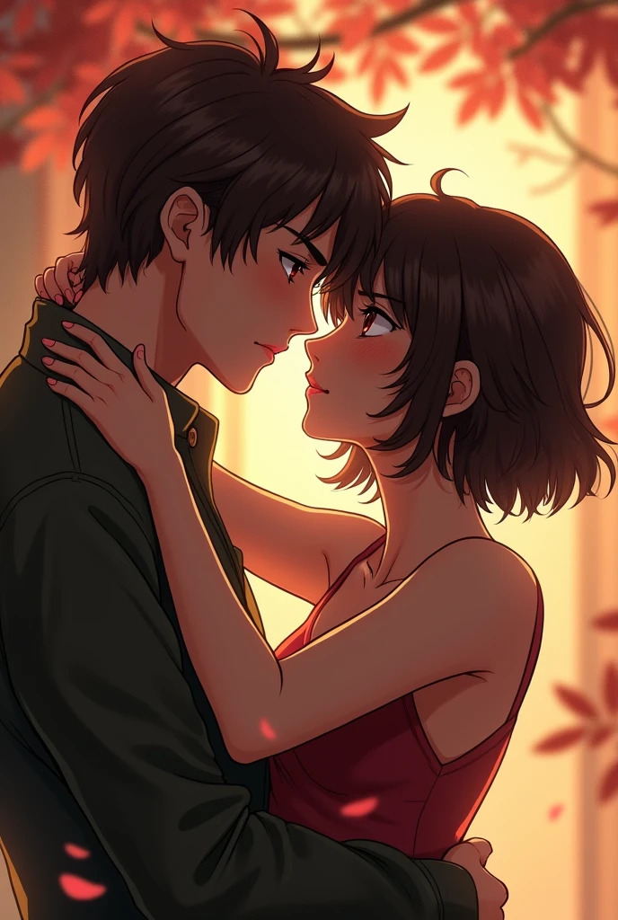 a girl with really short, dark brown hair. which is not longer than the beginning of her neck. she has a rebellious vibe. she’s kissing with a sweet boy, who has brown and very long hair. they are in love. she’s touching him. make it look very intimate. they’re by the way 18+