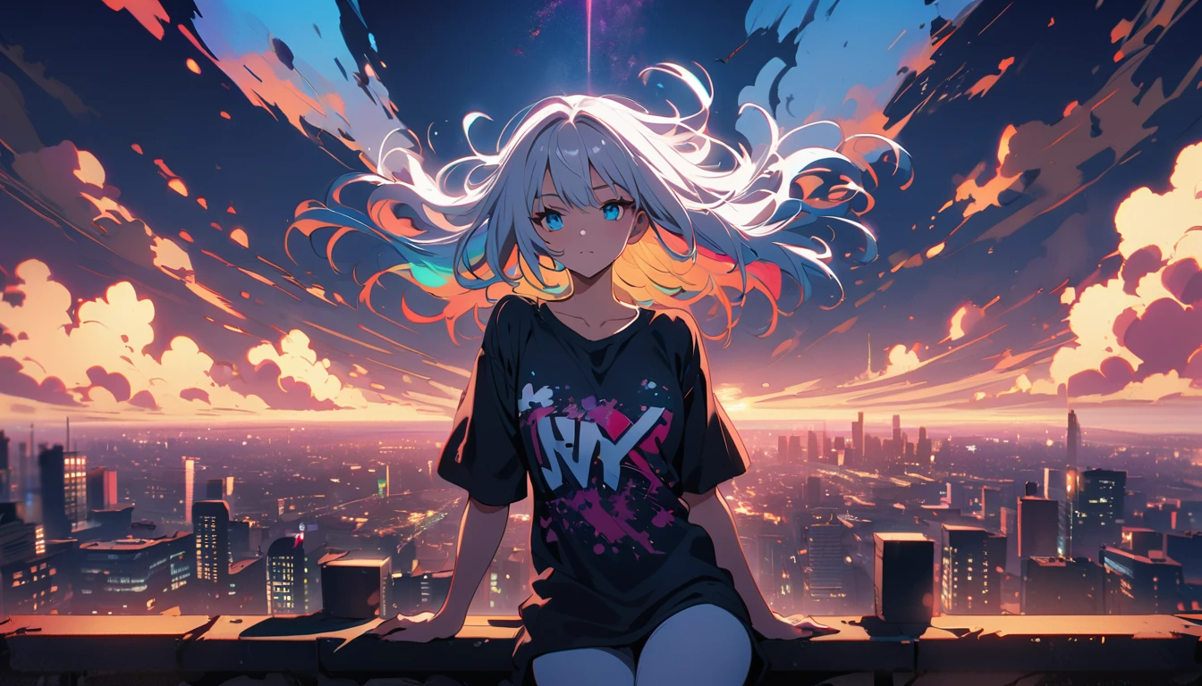 HD 8K Handsome sexy, Solitary, 1 female, Medium Length Hair, white hair, Rainbow hair, blue Eyes panoramic, looking away, outdoor, big t-shirt, White clouds, graffiti spray art wall panoramic, vibrant, cityscape, Neon Tokyo night,