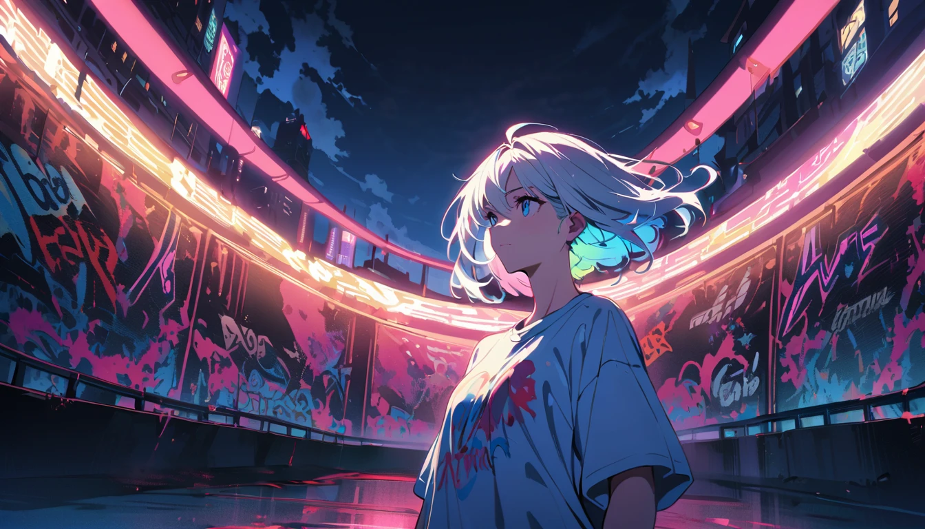 HD 8K Handsome sexy, Solitary, 1 female, Medium Length Hair, white hair, Rainbow hair, blue Eyes panoramic, looking away, outdoor, big t-shirt, White clouds, graffiti spray art wall panoramic, vibrant, cityscape, Neon Tokyo night,