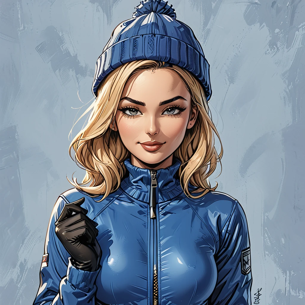 ((girl in Blue zipped up down winter jacket and black turtleneck )) and (jeans) and blue gloves and (((blue winter hat)))) extending her hand to the observer with a smile,adult, [Nordic], Hourglass elongated fitness body, perfect Olive skin, Oval Face, Long neck, Rounded shoulders, perfect hand, Attached Pointed ears, round forehead, (Short blonde Waves pixie hair), snub nose, Arched eyebrows, ((closed Eyes)), High Round Narrow cheekbones, Dimpled Cheeks, Rounded Chin, Rounded Jawline, Full nude Lips, (closed eyes), Nude Makeup Look, long eyelashes, third breast size, long slim fitness legs, graphic style of novel comics, perfect hands, 2d, 8k, hyperrealism, masterpiece, high resolution, best quality, ultra-detailed, super realistic, Hyperrealistic art, high-quality, ultra high res, highest detailed, lot of details, Extremely high-resolution details, incredibly lifelike, colourful, soft cinematic light, 