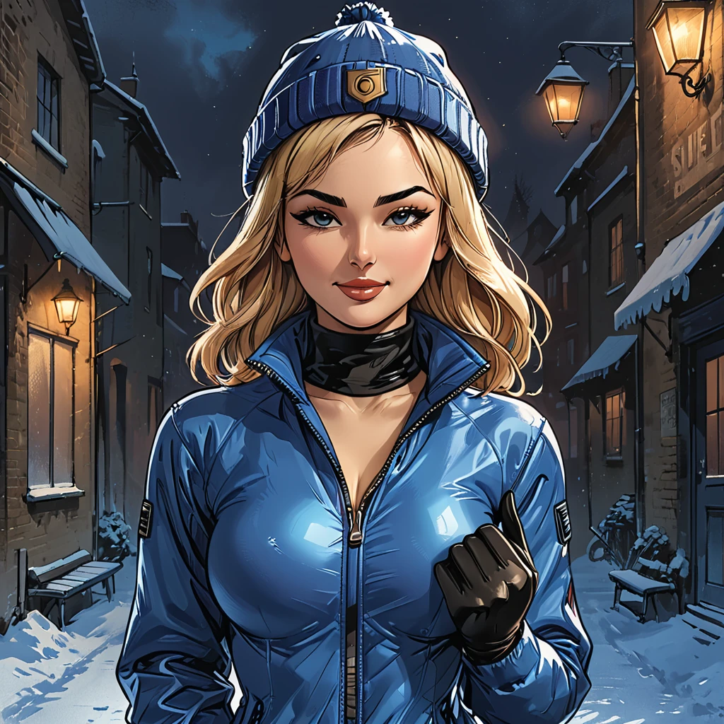 ((girl in Blue zipped up down winter jacket and black turtleneck )) and (jeans) and blue gloves and (((blue winter hat)))) extending her hand to the observer with a smile,adult, [Nordic], Hourglass elongated fitness body, perfect Olive skin, Oval Face, Long neck, Rounded shoulders, perfect hand, Attached Pointed ears, round forehead, (Short blonde Waves pixie hair), snub nose, Arched eyebrows, ((closed Eyes)), High Round Narrow cheekbones, Dimpled Cheeks, Rounded Chin, Rounded Jawline, Full nude Lips, (closed eyes), Nude Makeup Look, long eyelashes, third breast size, long slim fitness legs, graphic style of novel comics, perfect hands, 2d, 8k, hyperrealism, masterpiece, high resolution, best quality, ultra-detailed, super realistic, Hyperrealistic art, high-quality, ultra high res, highest detailed, lot of details, Extremely high-resolution details, incredibly lifelike, colourful, soft cinematic light, 