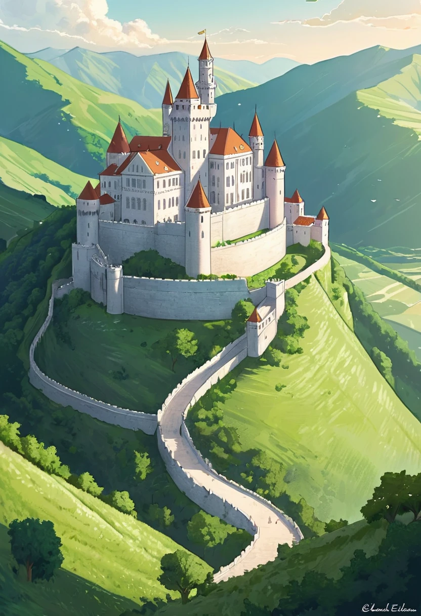 line art illustrating The Grand Castle of Eldoria
Perched high on a hill overlooking the lush, green valleys below, the Grand Castle of Eldoria stands as a magnificent testament to ancient craftsmanship and timeless beauty. Its towering stone walls, crafted from gleaming white marble, catch the light of the sun, making the entire castle shimmer as if it were made of precious jewels