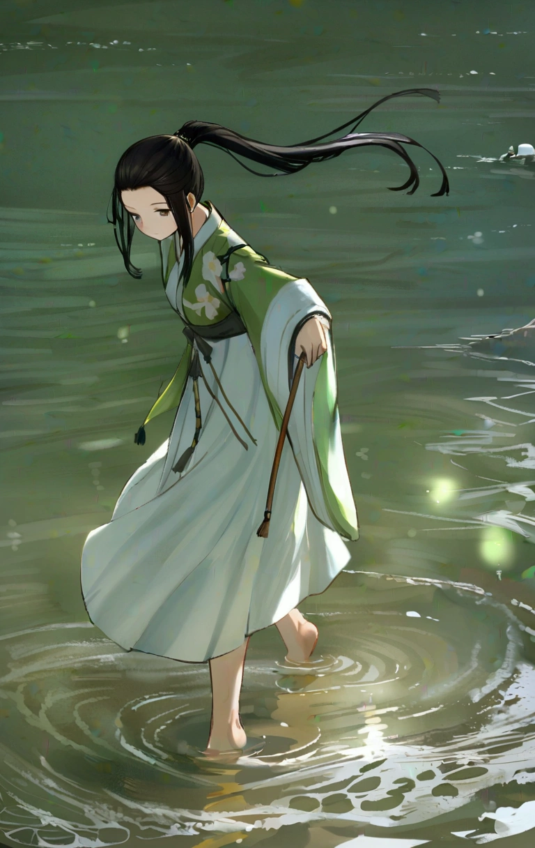1 woman in a green dress is walking in the lake, from girls frontline, fine details. girls frontline universe, girls frontline style, girls frontline cg, kantai collection style, by Akihiko Yoshida, yayoi kasuma, female protagonist 👀 :8, (ponytail forehead hair pulled back:1.3), (black hair:1.3), with acient chinese clothes, a girl in hanfu, flowing dress,