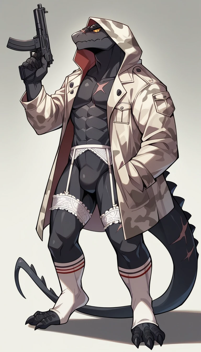 One person、A lizardman male wearing light blue lace lingerie、masterpiece、Highest quality、Black body、There are scars on the body、Sharp Eye、Knee-high socks、garter belt、Long, thin tail、White camouflage coat with hood、gun、In the ruins、Swollen crotch、